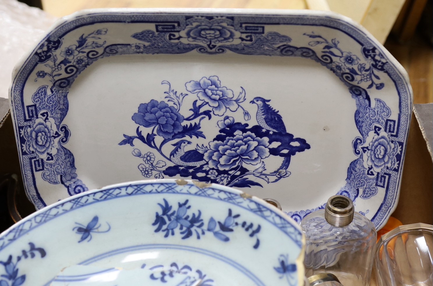 A quantity of mixed pottery, ceramics and glass toilet jars and a plated meat dome